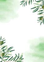 floral antecedentes tarjeta modelo con verde aceituna ramas rincones y acuarela salpicaduras para salvar el fecha, saludo, rústico Boda tarjeta y cubrir diseño. vector