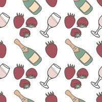 Romantic seamless pattern. Champagne and strawberries. Colored vector design for fabric, scrapbooking or packaging for Valentine day.