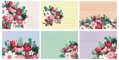 grande colección saludo tarjeta modelo. tarjeta postal internacional De las mujeres día para chicas, mujer con muchos flores con campos para texto y deseos. día festivo, evento, felicidades vector