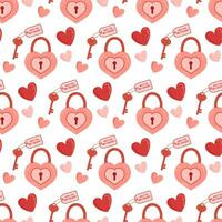 Valentines day seamless pattern. Heart shaped lock, key. Flat vector illustration.