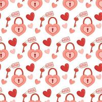 Valentines day seamless pattern. Heart shaped lock, key. Flat vector illustration.