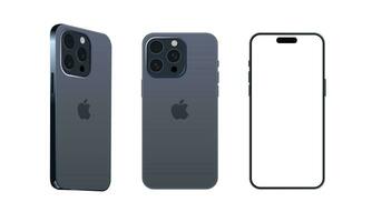 Iphone 15 Pro model different view. Blue titanium color. Front view and back view. Vector mockup