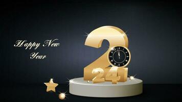 Happy New Year 2024 New Year Shining background with a gold clock and glitter. Festive banner and greeting card. vector