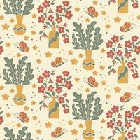 Seamless pattern with floral bunches in vases on light background. Hand drawn flat abstract flowers, leaves in vases. Trendy retro print design for textile, wallpaper, interior, wrapping paper vector