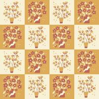 Vintage colored geometric floral abstract pattern. Flat abstract hand drawn bouquets of flowers in vases in contrast squares. Trendy print design in vintage colors for textile wallpaper vector