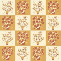 Vintage colored geometric floral abstract pattern. Flat abstract hand drawn bouquets of flowers in vases in contrast squares. Trendy print design in vintage colors for textile wallpaper vector