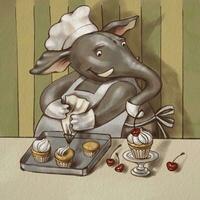 Cute Elephant Chef Character in Uniform Cooking Meal Digital book illustration photo