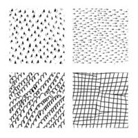 Ink hand drawn doodle abstract seamless textures. Set of four seamless textures with scribbles, drops, crossed lines and arrows lines. Modern trendy background or illustration. vector