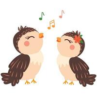 Cute birds sing on a branch. Vector illustration of two birds with notes on a white background. Print for postcard, t-shirt design, poster.