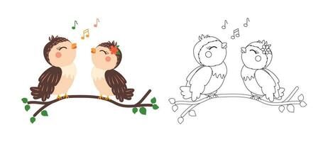 Cute birds singing on a branch coloring book or coloring page vector
