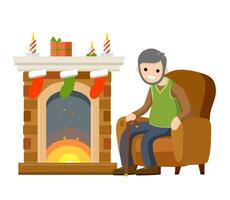Old man sits in chair by fireplace. Senior celebrates new year and Christmas. Grandpa in nice cozy house. Room furniture and grandfather. Winter concept. Flat cartoon. Fire, box and sock with gift vector