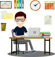 Man sitting at computer in office. Cartoon flat illustration. Set for business work-schedule, hours, file documents, letter, coffee, calendar. Company employee and office items. Nerd guy. Work with PC vector