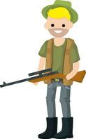 Man hunter with gun. Guy with rifle. Shooter and weapon. Cartoon flat illustration. Equipment for hunting animals vector