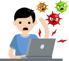 Man at laptop with virus. problem with computer. Online threat. Young angry guy. Account hacking. Cartoon flat illustration. Hacker attack vector