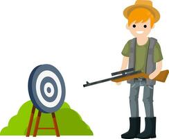 Man hunter with gun. Equipment for hunting animals. Guy with rifle. Shooter and weapon. Target for arrows. Competition and victory. Shooting and championship. vector
