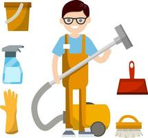 Man in orange jumpsuit stand with vacuum hose to clean house from dust and dirt. Technical service worker - cartoon flat illustration. Set of object - Glove and bucket, brush, dustpan, detergent vector