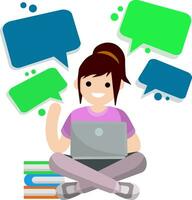 Woman sit with laptop. Work freelance and programmer. Girl works on Internet and chat. Communication and training at computer. Flat cartoon Cloud text bubble dialog. Conversation and Talk. vector