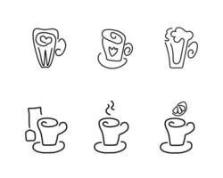 Set of hot drinks tea and coffee cups, contour black linear silhouettes. Vector linear icons for menu, website, cafe design