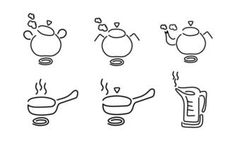 Set of dishes on the stove - pots, pans and kettles on the stove, contour black linear silhouettes. Vector linear icons for cookbook design, cookware packaging, web design