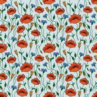 seamless summer floral pattern - light blue background with blooming meadow flowers poppies and cornflowers with buds for packaging, fabric and wallpaper vector