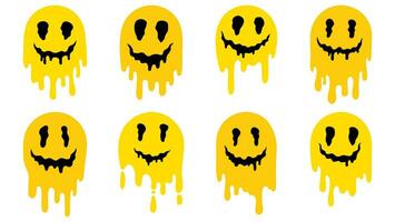 Melting smiles in flat style. Cute cartoon melted yellow smiling face avatars, stickers. Funny faces in trippy acid rave style. vector
