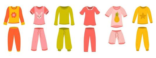 Girl pajamas set in cartoon flat style. Cute night cloths, tops and pants, sleep shorts for kids. vector