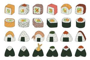 sushi y onigiri dibujados a mano. platos de la cocina tradicional japonesa. conjunto de imágenes prediseñadas de comida asiática vector