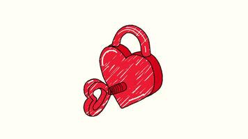 Red heart shaped lock and key. Video hand drawn animation design element. Alpha channel transparency