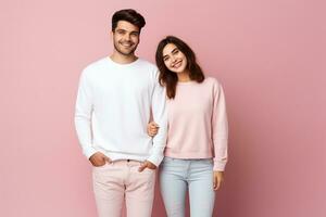 AI generated young happy couple on pink isolated background photo