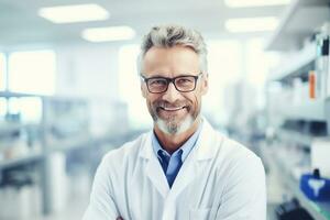 AI generated Healthcare crossed arms and portrait of a male pharmacist standing in a pharmacy clinic photo