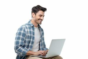 AI generated young happy man operating laptop on isolated white background photo