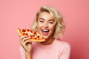 ai generado alegre niña con Pizza en su mano rosado antecedentes foto