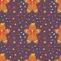 Christmas pattern with gingerbread, garland with light bulbs, stars. vector
