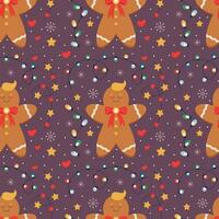 Christmas pattern with gingerbread, garland with light bulbs, stars. vector