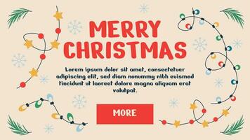 Merry Christmas, happy new year poster. Web page or banner template with tree branch, garland. vector