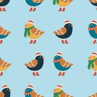 Christmas pattern with bird in a cap, scarf, and boots. vector