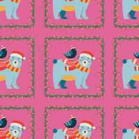 Christmas pattern with bear with a red hat and scarf, bird, frame. vector