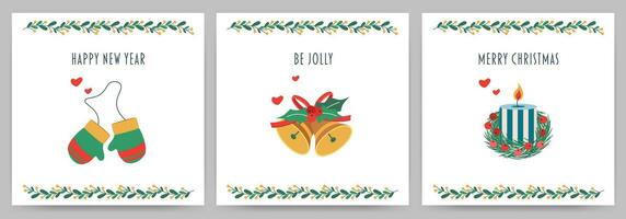 Postcard with text happy new year, merry christmas, happy holiday, bell, glove, candle. vector