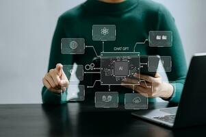 Man using chat bot in smartphone intelligence Ai. Chat with AI Artificial Intelligence, developed by OpenAI generate. robot in online system. photo