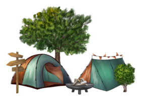 Camping with a tent and a campfire. Summer holidays at the camp. Forest landscape with hiking equipment, active entertainment. Outdoor adventures, hiking, picnic holidays. Isolated illustration png
