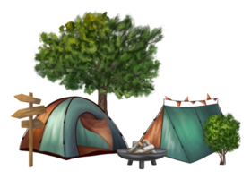 camping avec une tente et une feu de camp. été vacances à le camp. forêt paysage avec randonnée équipement, actif divertissement. Extérieur aventures, randonnée, pique-nique vacances. isolé illustration png