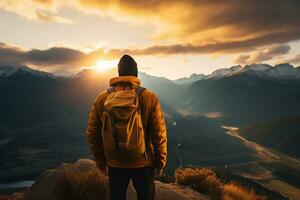 AI generated Hiker with a backpack standing on the top of the mountain travel concept photo