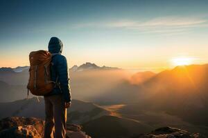 AI generated Hiker with a backpack standing on the top of the mountain travel concept photo