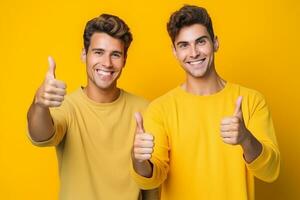 AI generated Portrait of a two happy young men showing thumbs up isolated over yellow background photo