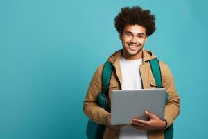 ai generado un joven estudiante con bolso y ordenador portátil foto