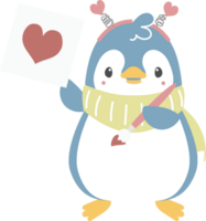 Lycklig hjärtans dag med pingvin teckning hjärta innehav pensel, kärlek begrepp, platt png transparent element karaktär design