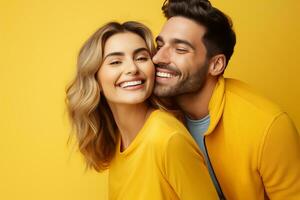 AI generated Young smiling happy couple hugging each other isolated on yellow background studio portrait. photo