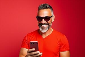 AI generated happy man wear casual clothes hold in hand use mobile isolated on red background photo