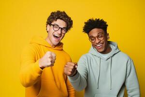 AI generated Portrait of a two happy young men triumphing glad expressions isolated over yellow background photo