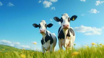 AI generated Healthy Cows on the Green Field. Farm, Ranch, Milk, Cow, Fresh Milk, Dairy photo